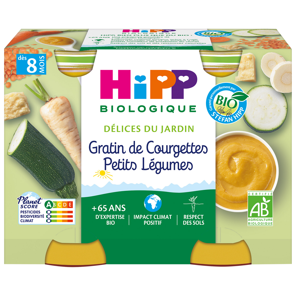 Petit pot bio pour bébé gratin de courgettes et petits légumes HIPP, dès 8 mois, 2 x 190g