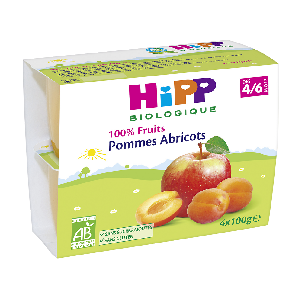 Compote infantile bio 100% Fruits pomme abricot HIPP, dès 4/6 mois, 4x100g 400g