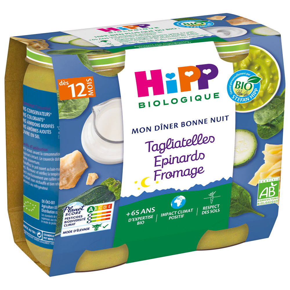 Petit pot bio pour bébé tagliatelles, épinards, fromage HIPP, dès 12 mois, 2x250g