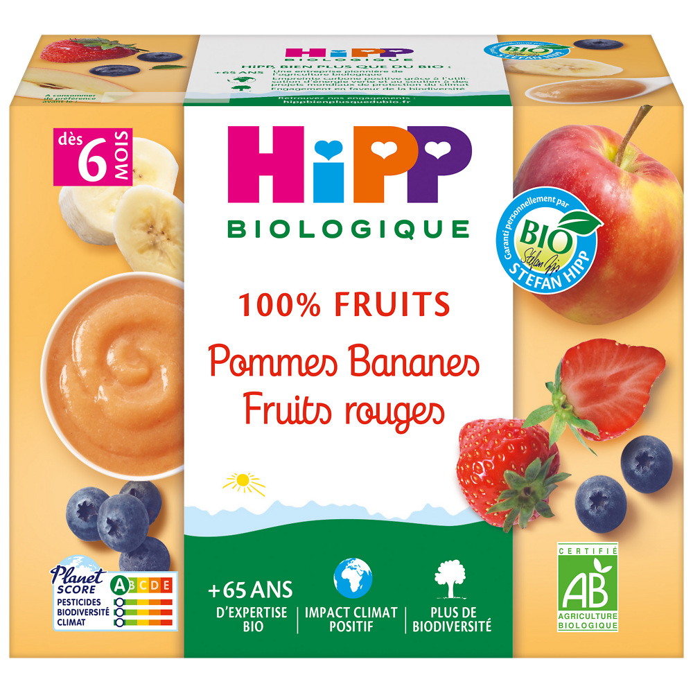 Compote infantile bio pommes bananes fruits rouges HIPP, dès 6 mois, 4x100g