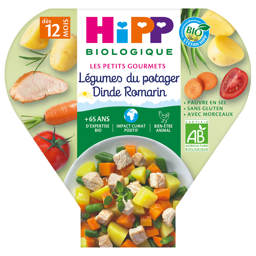 Assiette pour bébé légumes du potager dinde romarin HIPP biologique, dès 12 mois, 230g