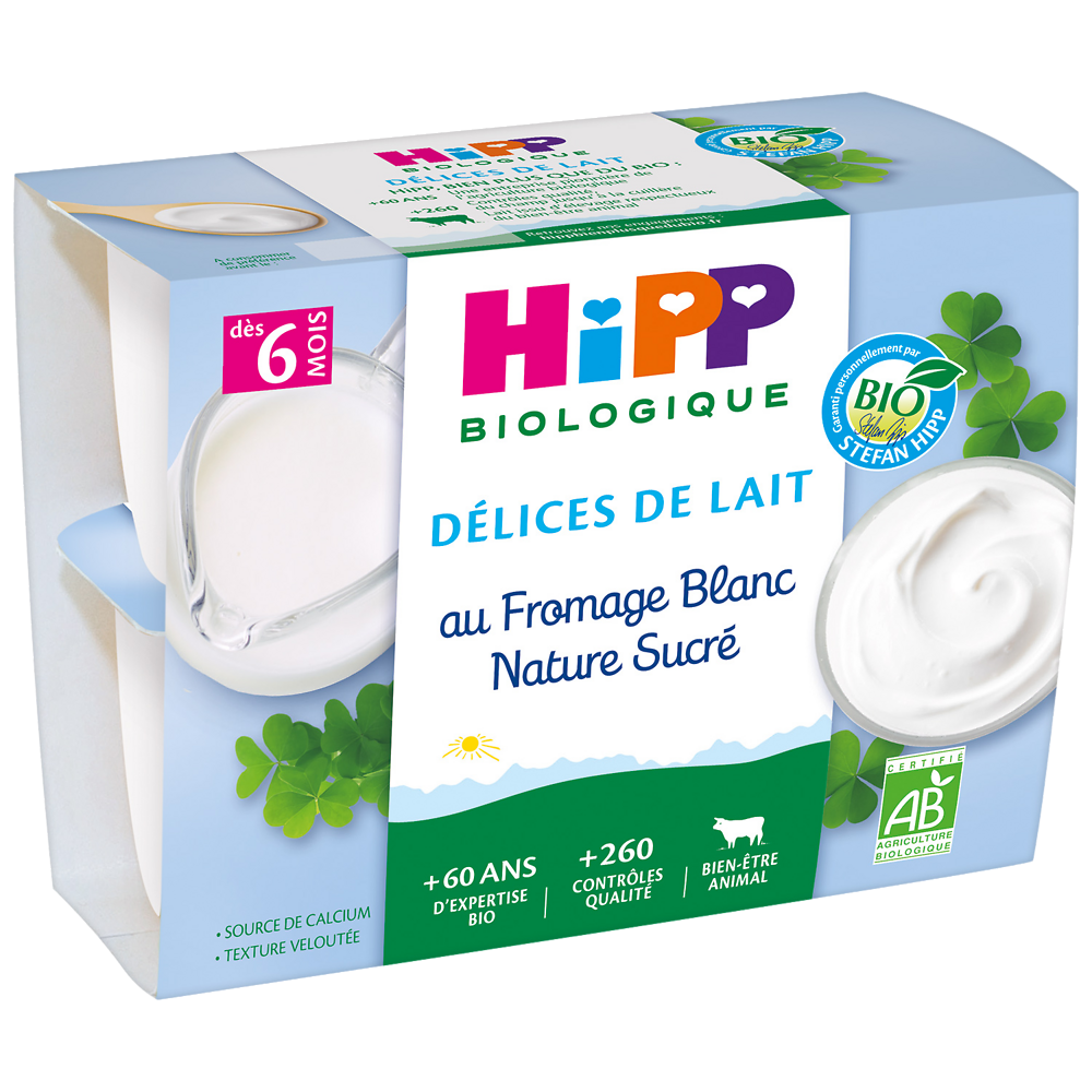 Fromage blanc nature sucré BIO HIPP, dès 6 mois, 4 coupelles de 100g