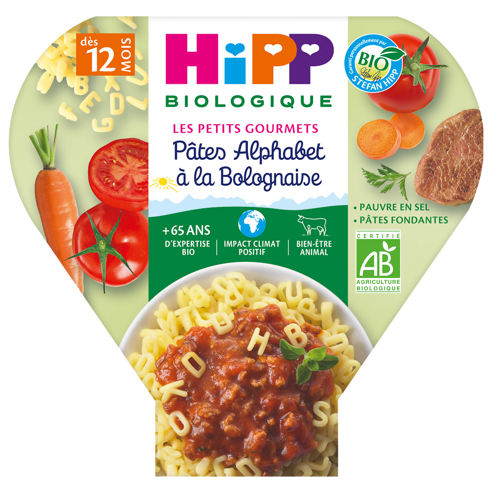 Assiette pâtes alphabet à la bolognaise bio HIPP, dès 12 mois, 230g