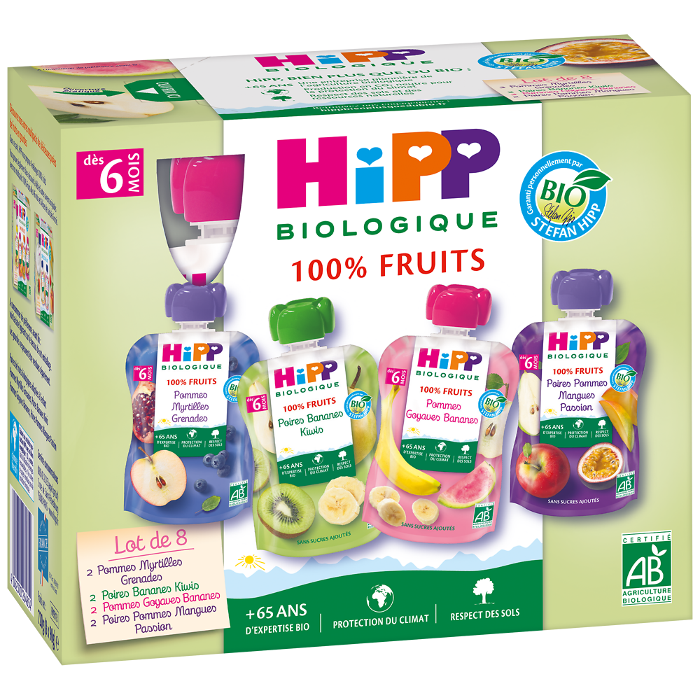 Purée de fruits et jus de fruits 4 variétés Bio HIPP, dès 6mois, 8x90g