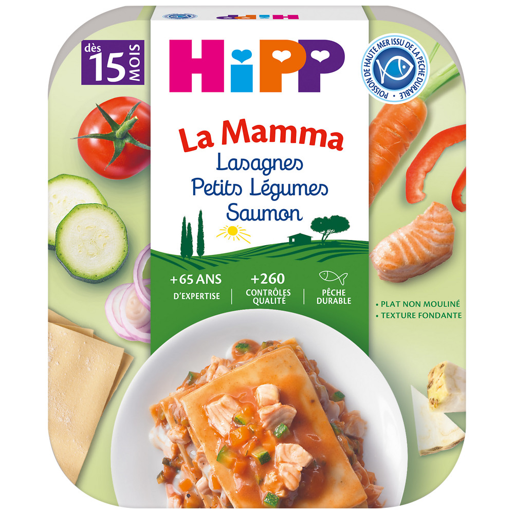 Plat complet pour bébé lasagnes petits légumes saumon HIPP, dès 15mois, 250g