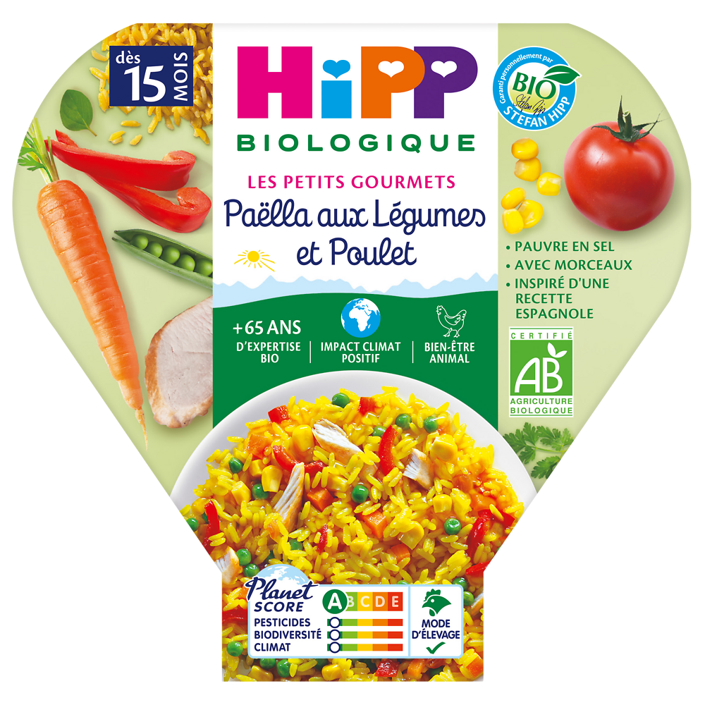 Petit pot bio pour bébé paëlla de légumes et poulet HIPP, dès 15 moisassiette 250g