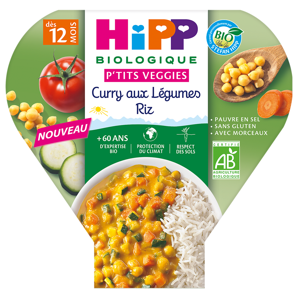 Curry aux légumes riz bio 12 mois HIPP assiette 230g