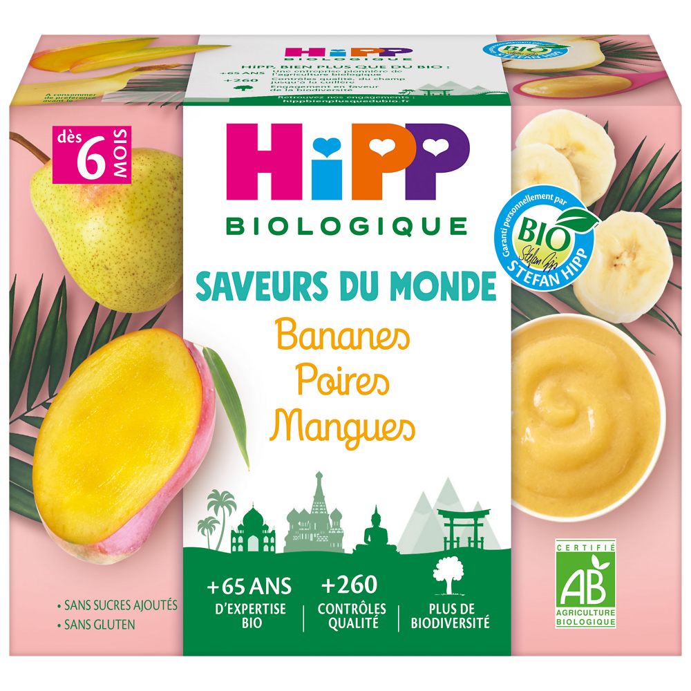 Coupelles bananes/poires/mangues dès 6 mois Bio HIPP 4X100g