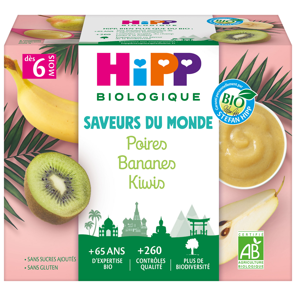 Coupelles poires/bananes/kiwis dès 6 mois Bio HIPP 4X100g