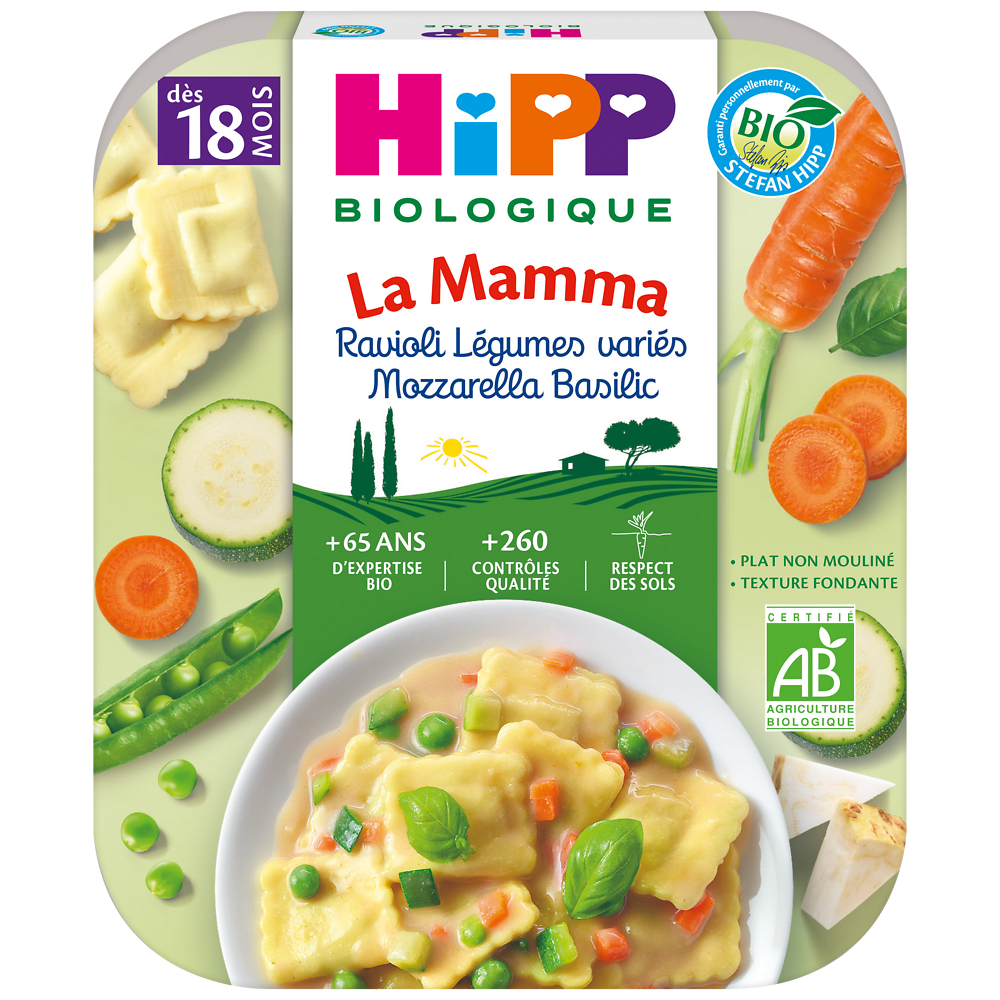 Assiette pour bébé bio Ravioli Légumes variés Mozzarella Basilic assiette 250g dès