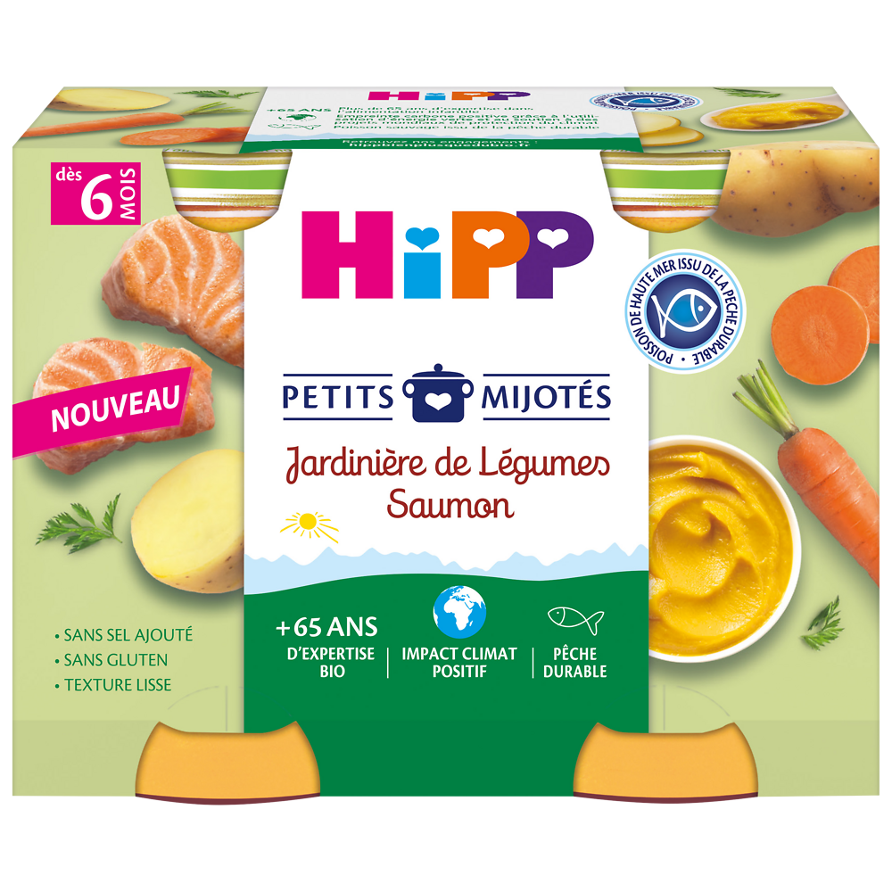 Petits mijotés jardinière de légumes saumon dés 6 mois HIPP BIOLOGIQUEpots 2x190g