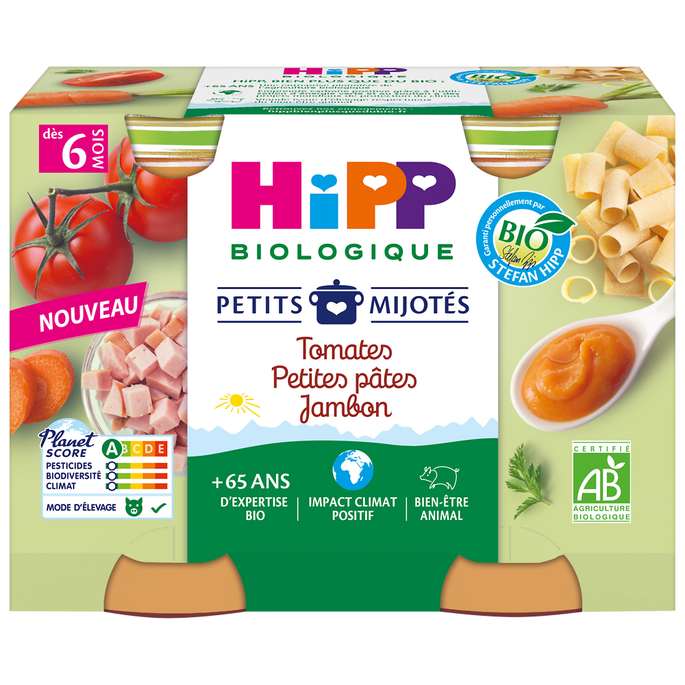 Plat bébé Petits mijotés tomates petites pâtes jambon dés 6 mois HIPPBIOLOGIQUEpots 2x190g