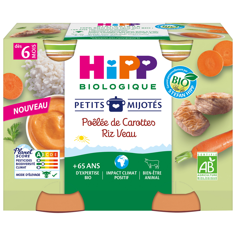 Petits mijotés poélée de carottes riz veau dés 6 mois HIPP BIOLOGIQUE2x190g