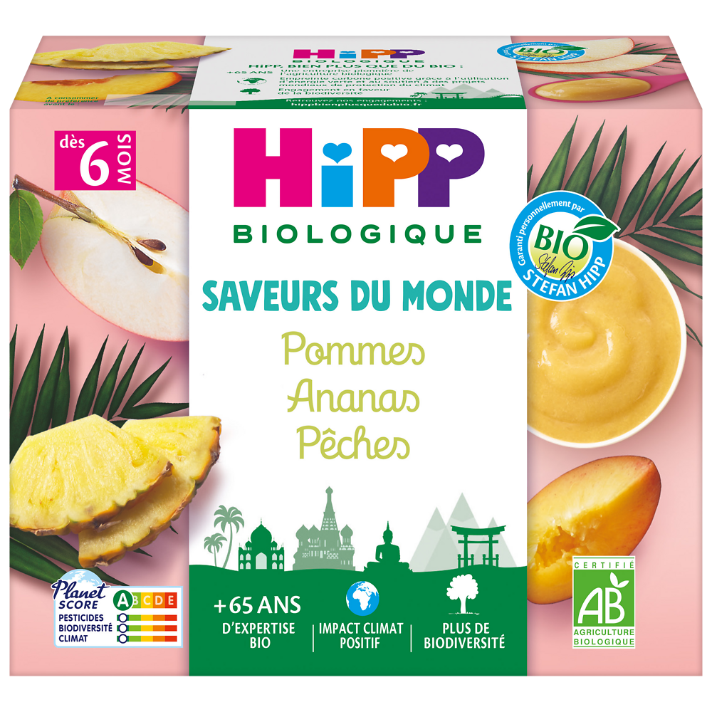 Saveurs du monde pommes ananas pêches bio dès 6 mois HIPP BIOLOGIQUE 4x100g