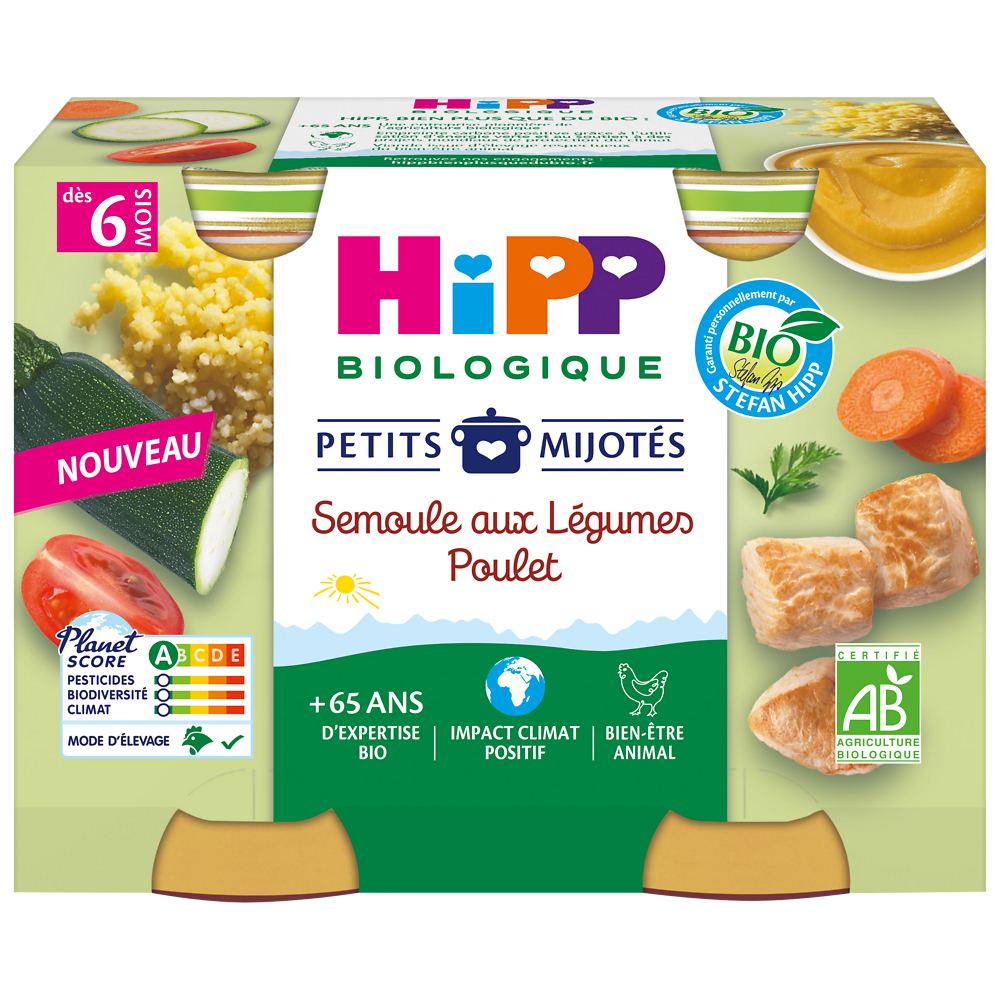 Petits mijotés semoule aux légumes poulet dés 6 mois HIPP BIOLOGIQUEpots 2x190g