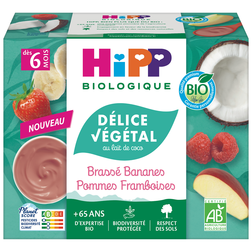 Délice végétal au lait de coco brassé bananes pommes framboises dés 6mois bio HIPP BIOLOGIQUE coupelles 4x100g