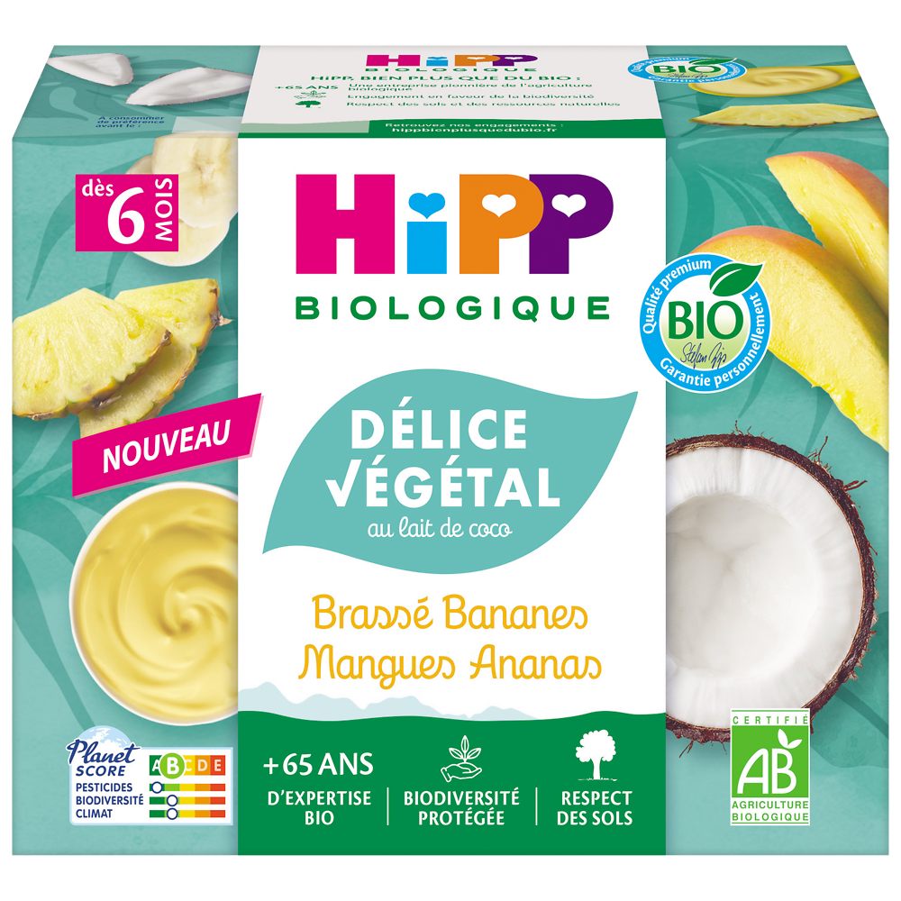 Délice végétal au lait de coco brassé bananes mangues ananas dés 6 mois bio HIPP BIOLOGIQUE coupelles 4x100g