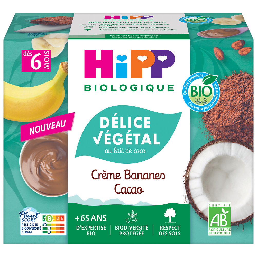 Délice végétal au lait coco créme bananes cacao dés 6 mois bio HIPP BIOLOGIQUE coupelles 4x100g