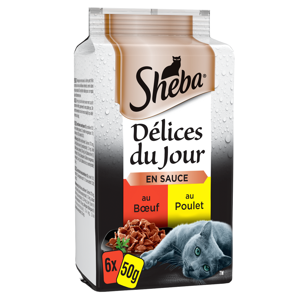 Sachets fraîcheur chat Délices du Jour boeuf et poulet en sauce SHEBA- 6x50g