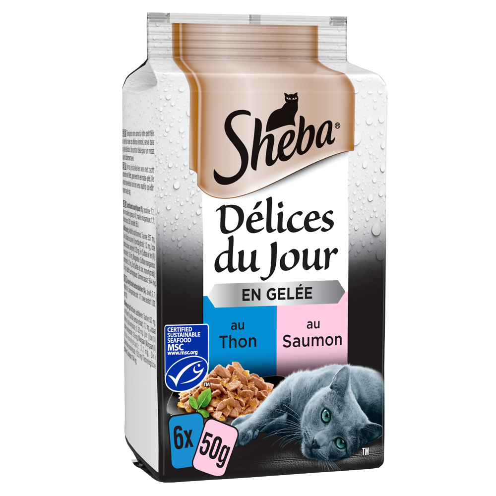 Sachets fraîcheur chat Délices du Jour thon et saumon en gelée SHEBA -6x50g