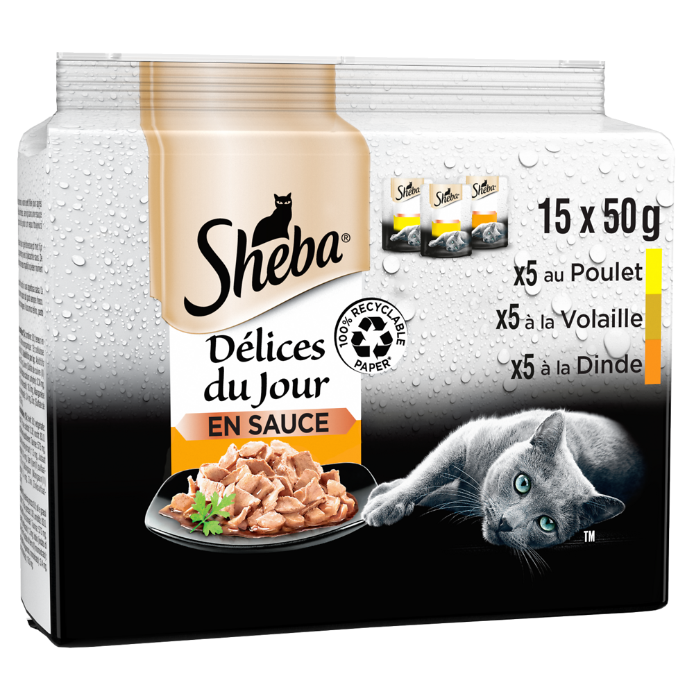 Sachets fraîcheur chat Délices du Jour à la volaille en sauce SHEBA -15x50g