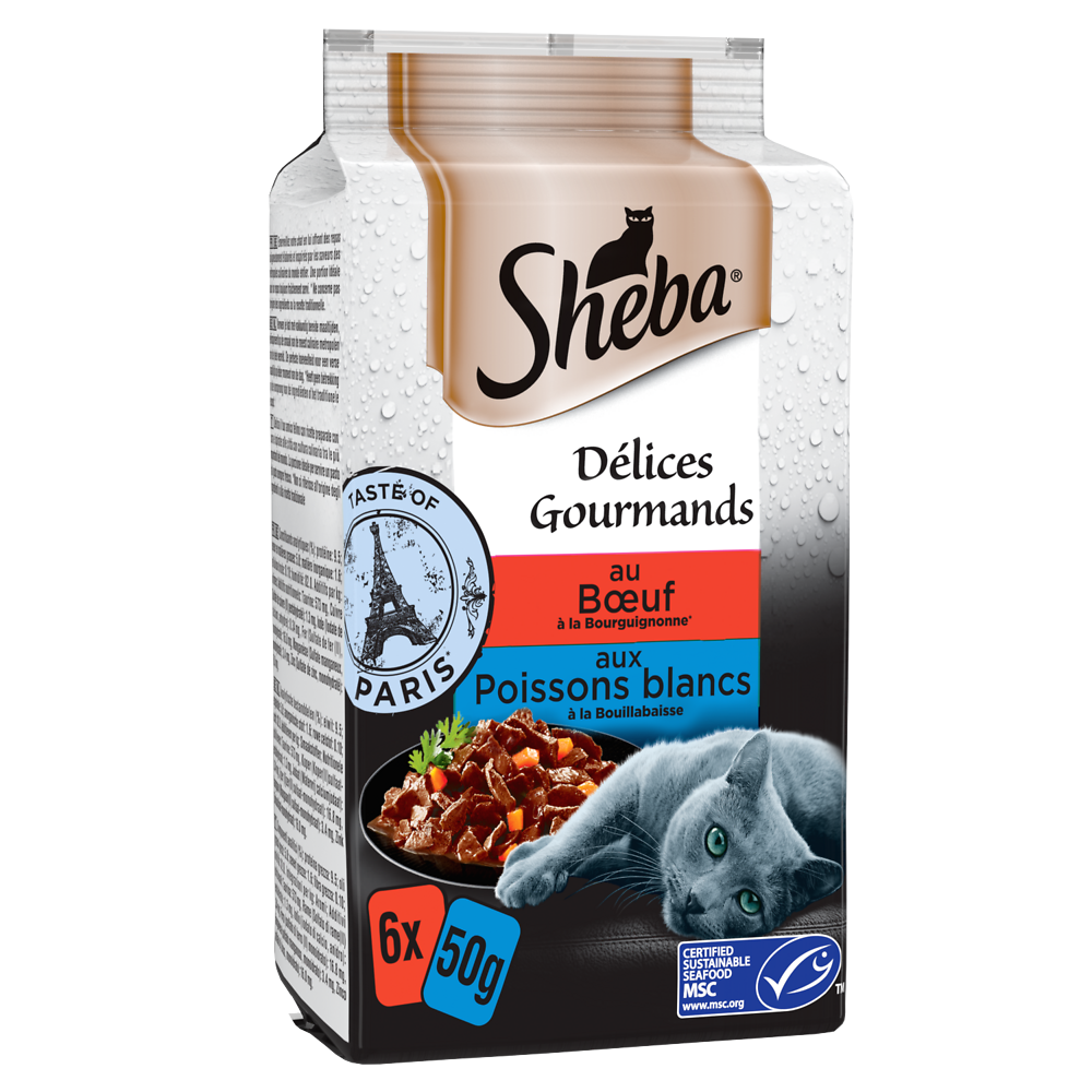 Sachets fraîcheur chat Délices Gourmands boeuf poisson en sauce SHEBA- 6x50g