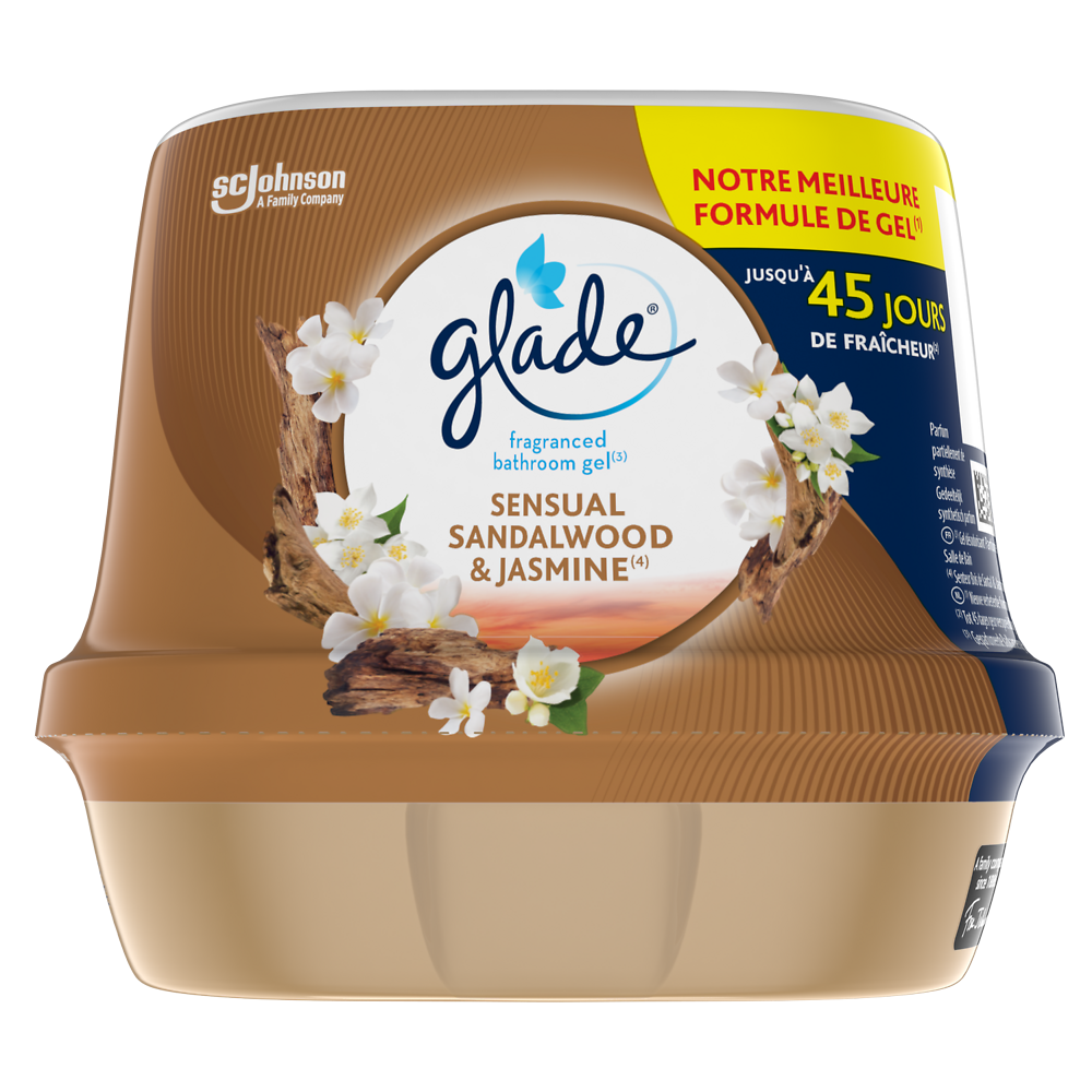 Désodorisant gel salle de bain sandalwood&jas. GLADE 45jrs 180gg