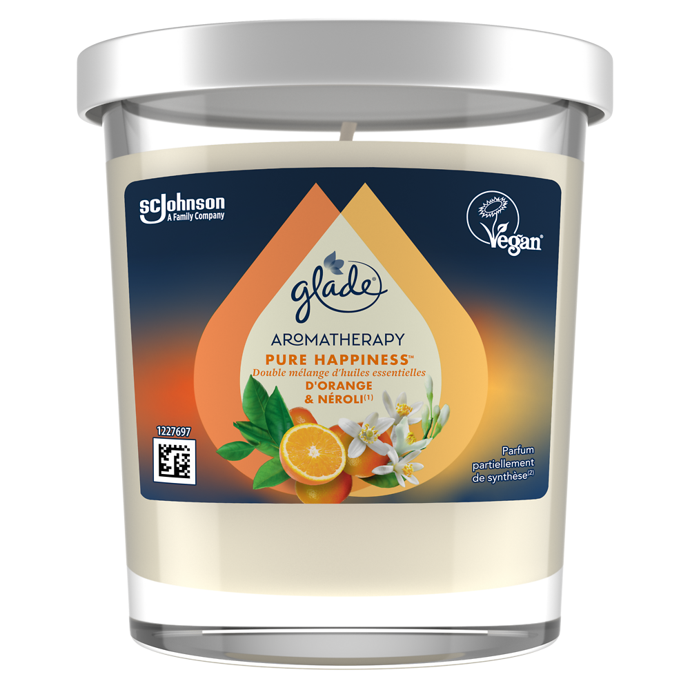 Bougie aromathérapie pure hapiness orange et néroli sans huile depalme GLADE 180g