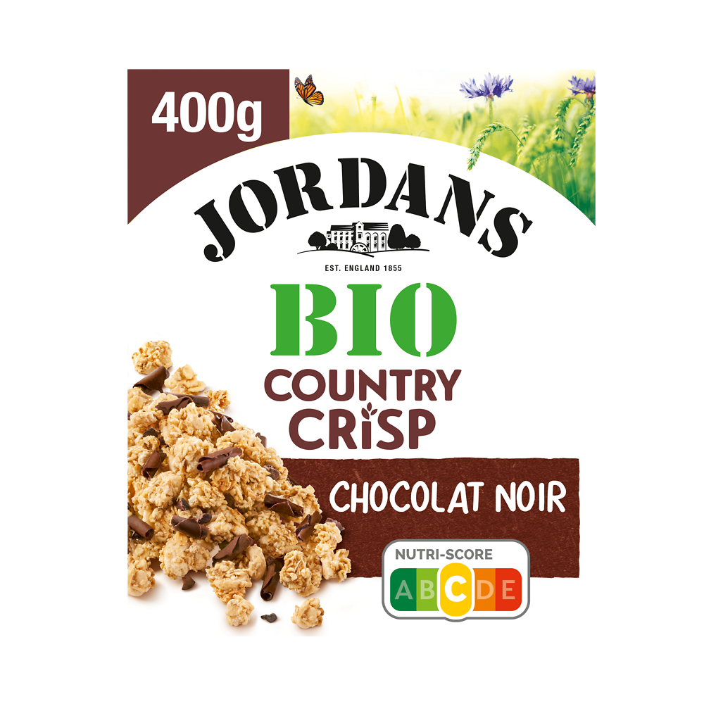 Céréales bio Country crisp chocolat noir et éclats de fèves de cacao JORDANS, paquet de 400g