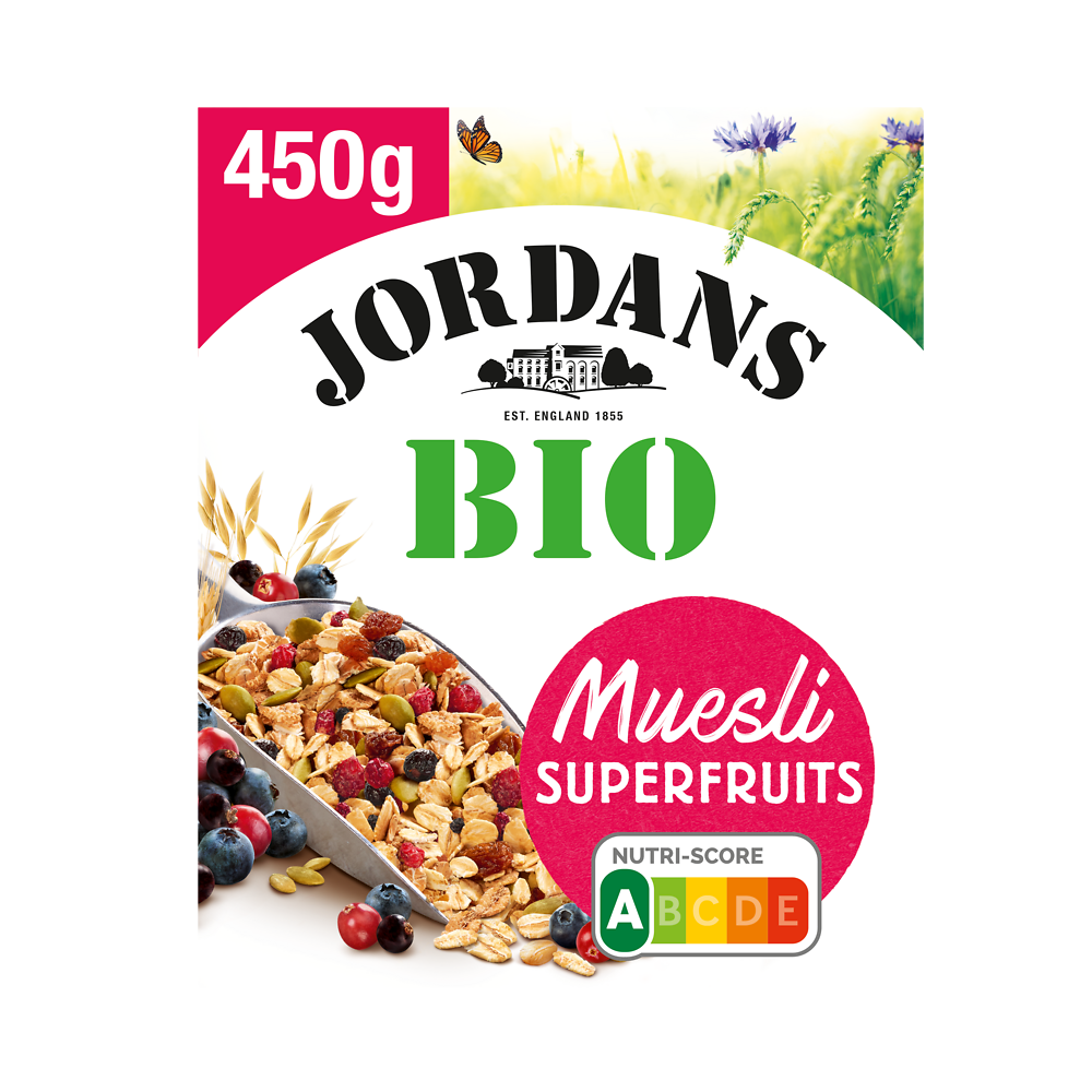 Céréales bio muesli superfruits complètes JORDANS, boîte de 450g