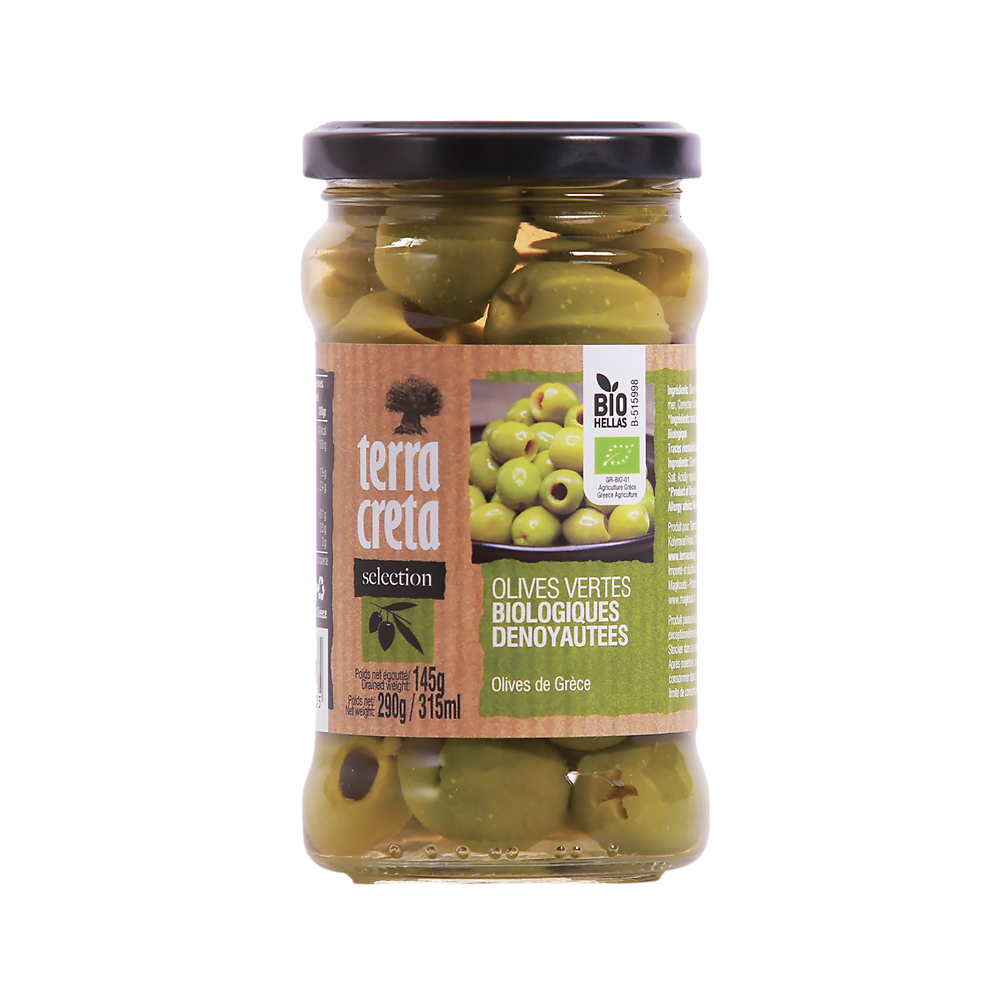 Olives vertes bio dénoyautées Sélection TERRA CRETA, pot en verre de 145g