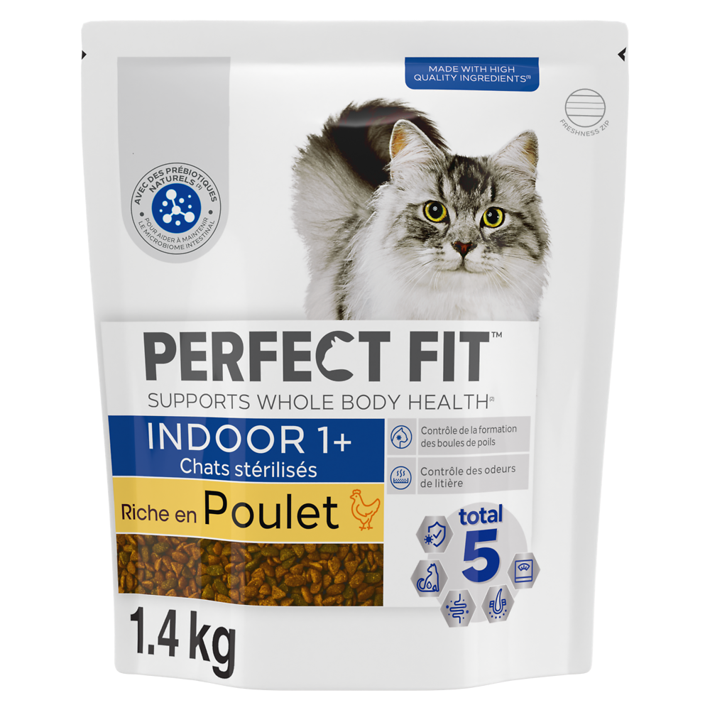 Croquettes chat stérilisé d'intérieur riche en Poulet PERFECT FIT - 1,4kg