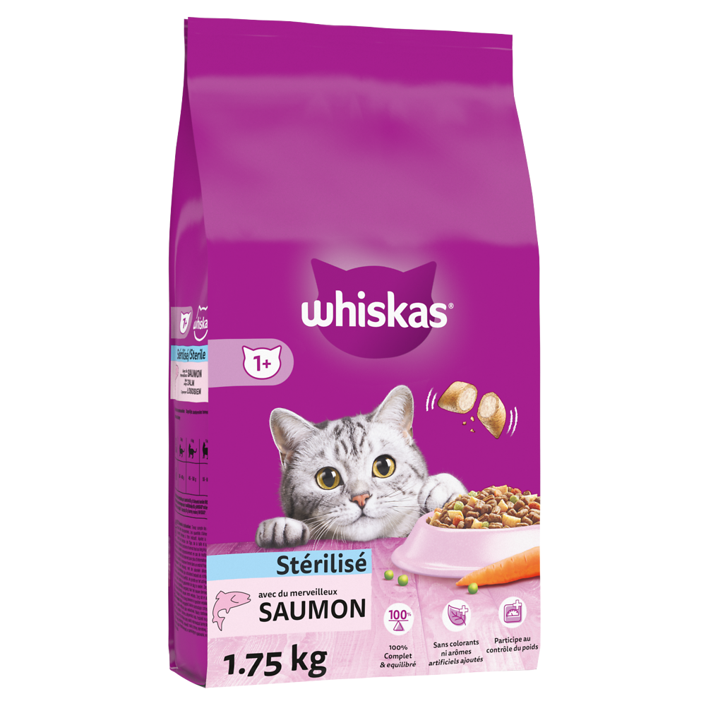 Croquettes chat stérilisé au saumon WHISKAS - 1,75kg