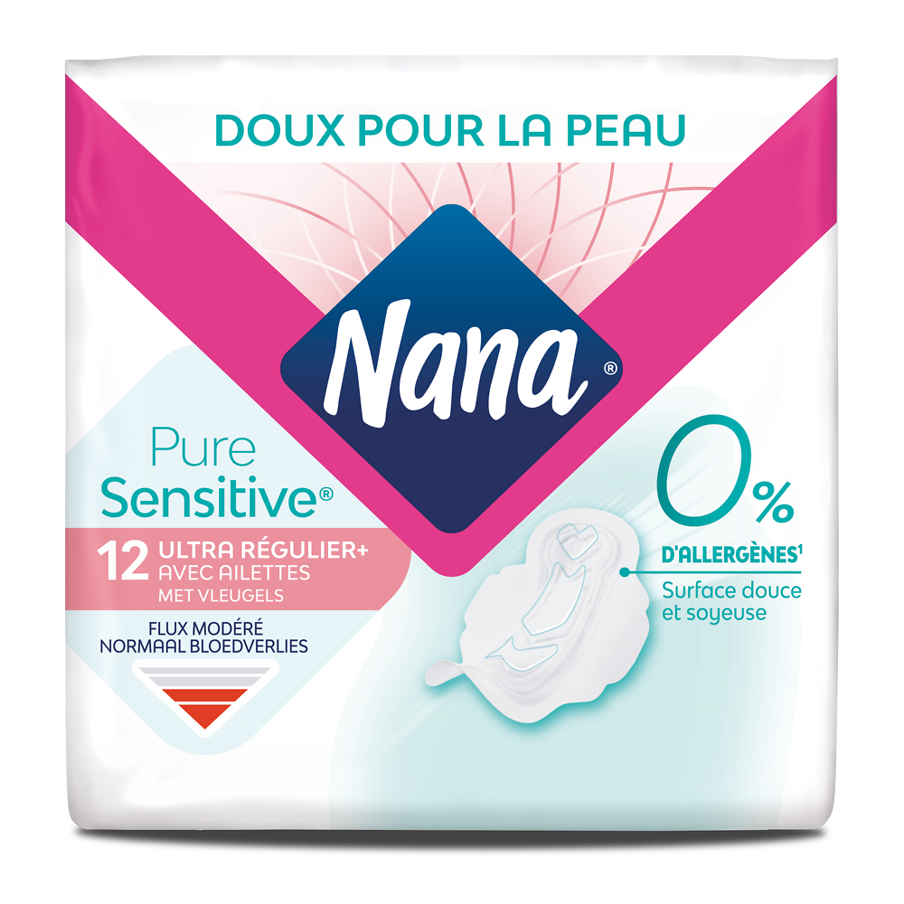 Serviettes hygiéniques pure sensitive normal+ avec ailettes 0% allergène NANA, x12