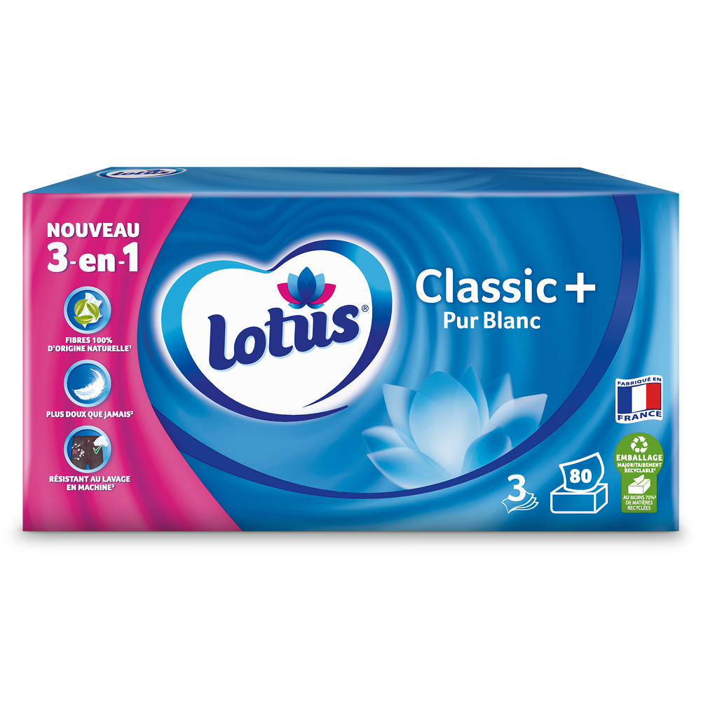 Mouchoirs Classic+ Pur Blanc Family Pack LOTUS, boite x80