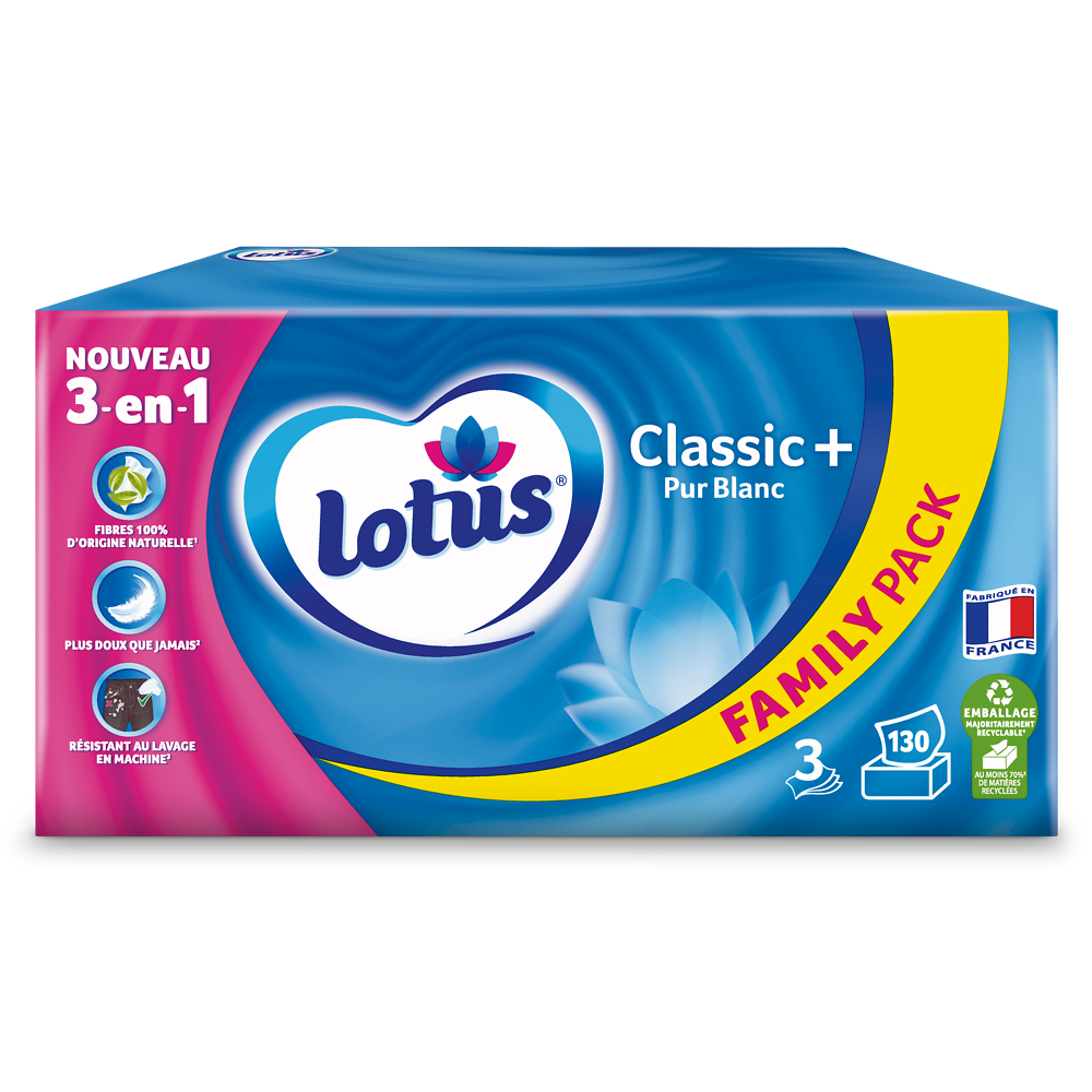 Mouchoirs Classic+ Pur Blanc Family Pack LOTUS, boite x130