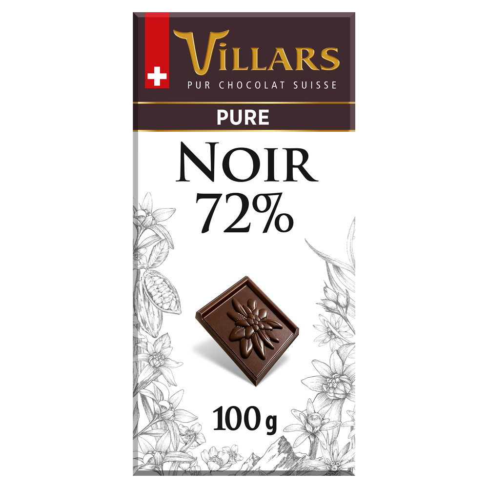 Chocolat noir 72% cacao VILLARS, Tablette de 100g