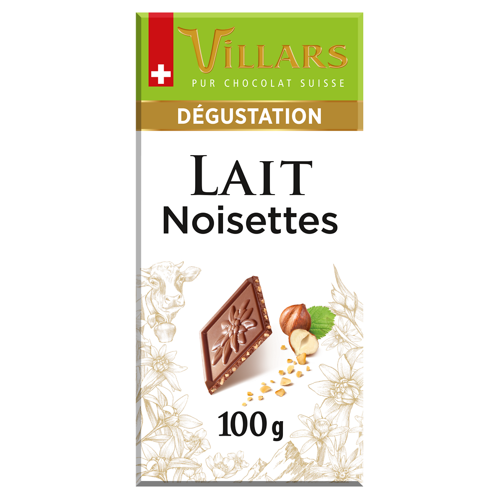 Chocolat au lait Suisse aux éclats de noisette Dégustation VILLARS, 100g