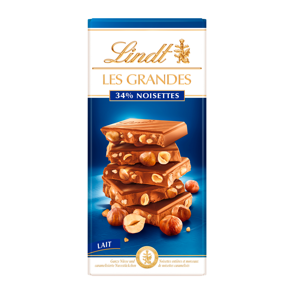 Chocolat au lait 34% noisettes LINDT, Tablette de 150g