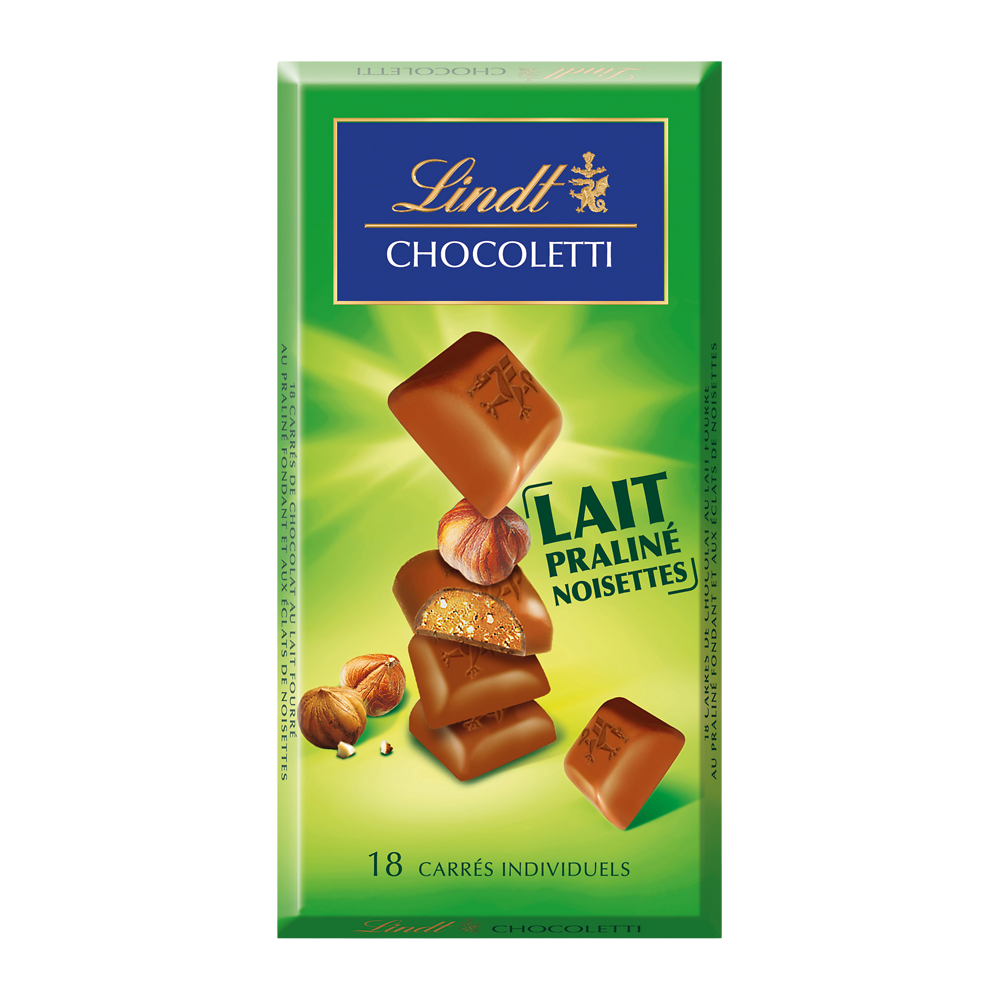 Chocolat au lait fourré praliné aux noisettes Chocoletti LINDT, Tablette de 100g