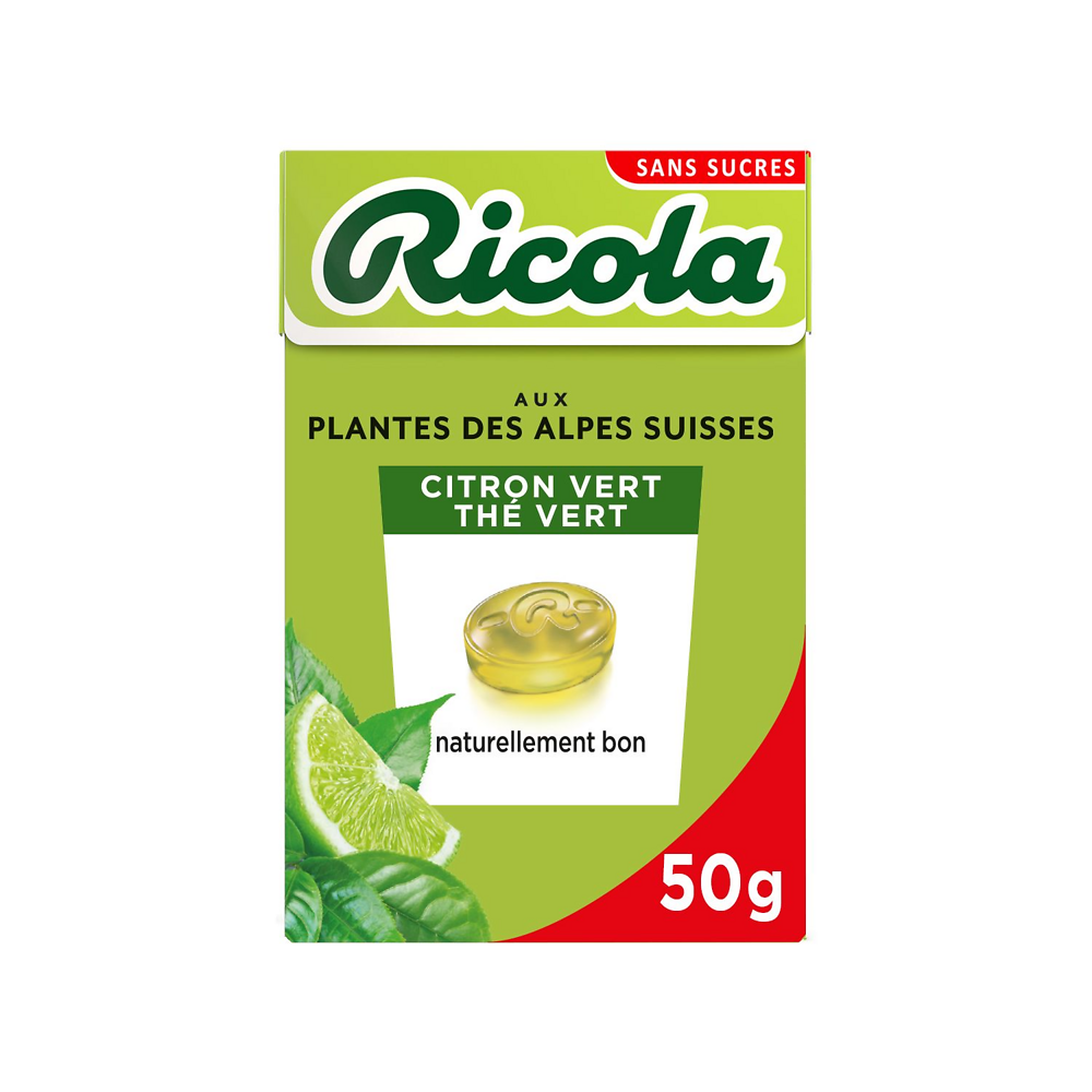 Bonbons citron vert/thé vert sans sucre RICOLA, boîte de 50g