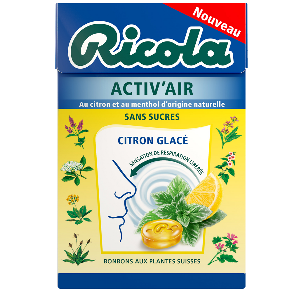 Bonbons pastilles citron glacé activ'air sans sucre RICOLA boîte 50g