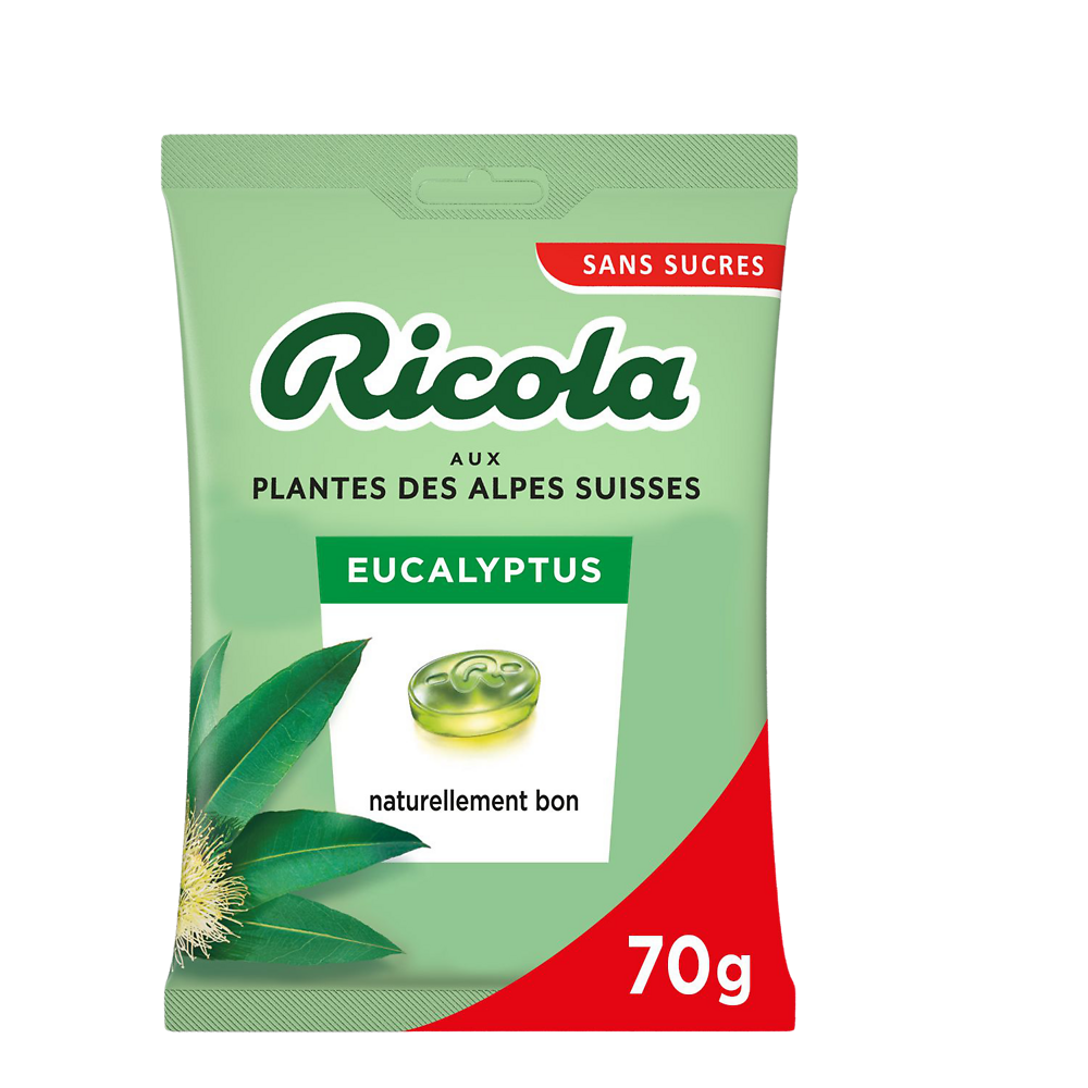 Bonbons Suisses à l'eucalyptus et aux plantes sans sucres RICOLA, sachet de 70g