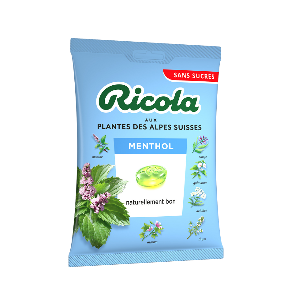 Menthol bonbons suisses aux plantes sans sucre avec édulcorant RICOLA,sachet de 70g