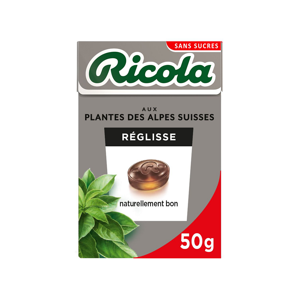 Bonbons réglisse sans sucre RICOLA, boîte de 50g