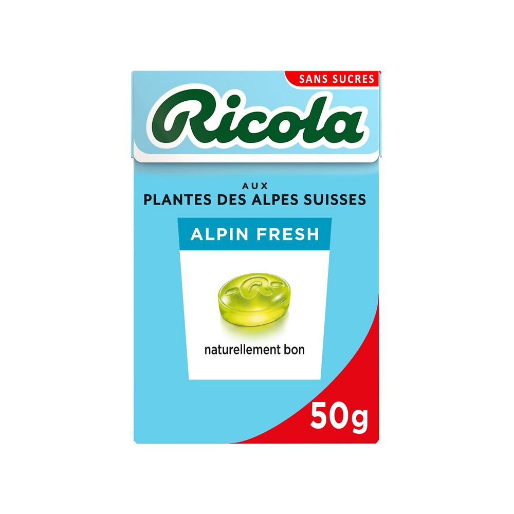 Bonbons alpin fresh sans sucres avec édulcorant RICOLA, boîte de 50g