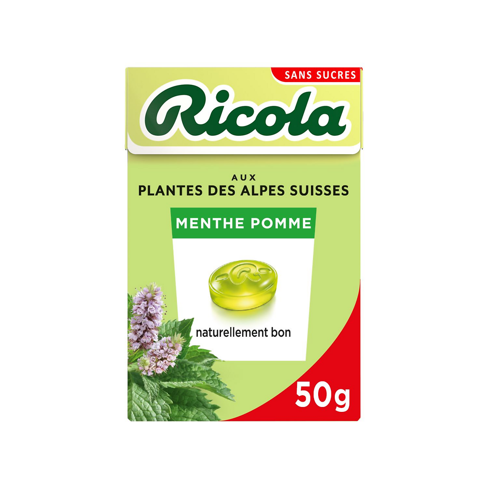 Bonbons pastilles menthe pomme sans sucre avec édulcorants RICOLA, boîte de 50g