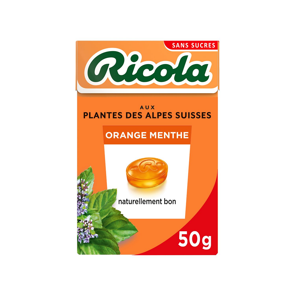 Bonbons pastilles orange-menthe sans sucres RICOLA, boîte de 50g