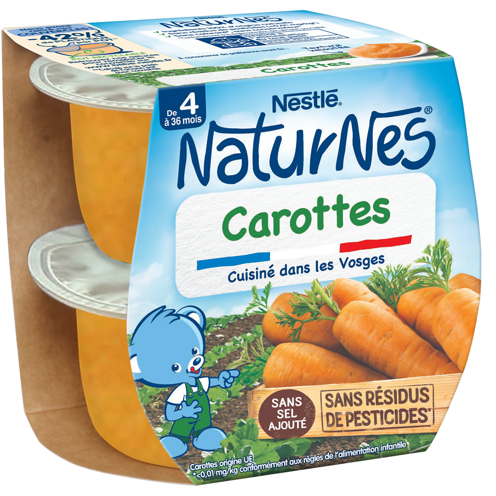 Petits pots bébé carottes NATURNES, dès 4-6 mois, 2x130g