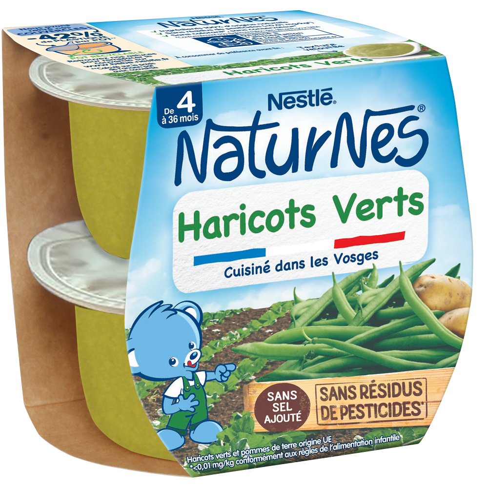 Petits pots bébé haricots verts NATURNES, dès 4/6 mois, 2 bols de 130g